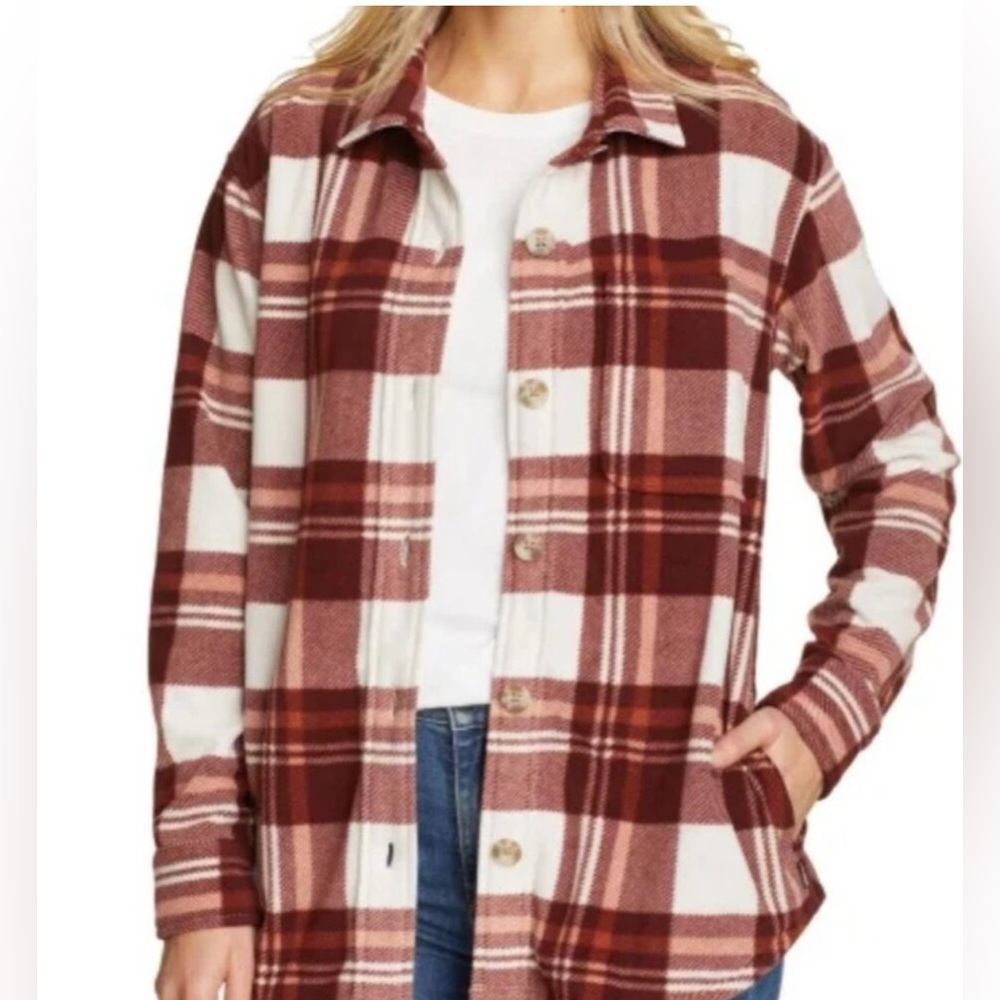Eddie Bauer button‎ up fleece shirt Shacket Brown White Plaid women's Shirt XXL